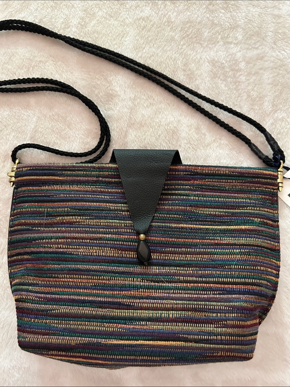 Bags by Monica Striped Multicolor Crossbody Bag Black Leather Trim, Small, NWT